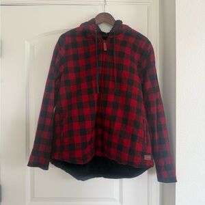 LL Bean Fleece Lined Red and Black Plaid Flannel Zip-Up Hoodie, Women’s Large